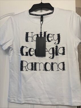 Womens small' White Short Sleeve Tee with Black Beaded Names